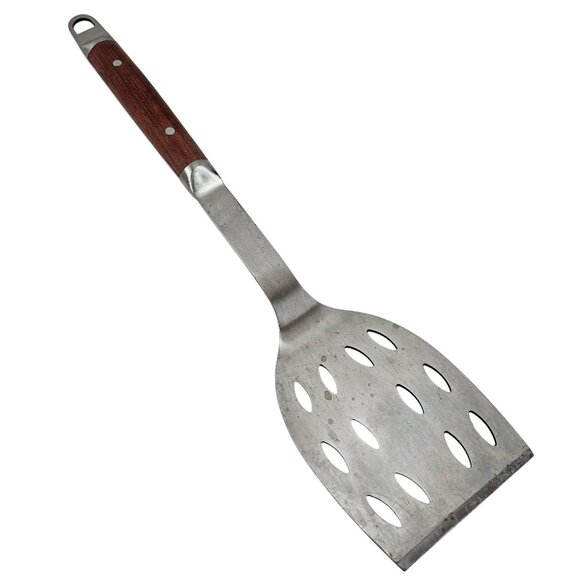 Vintage Stainless Steel Slotted Turner Wooden Handle Multipurpose Hanging Loop - Picture 1 of 9